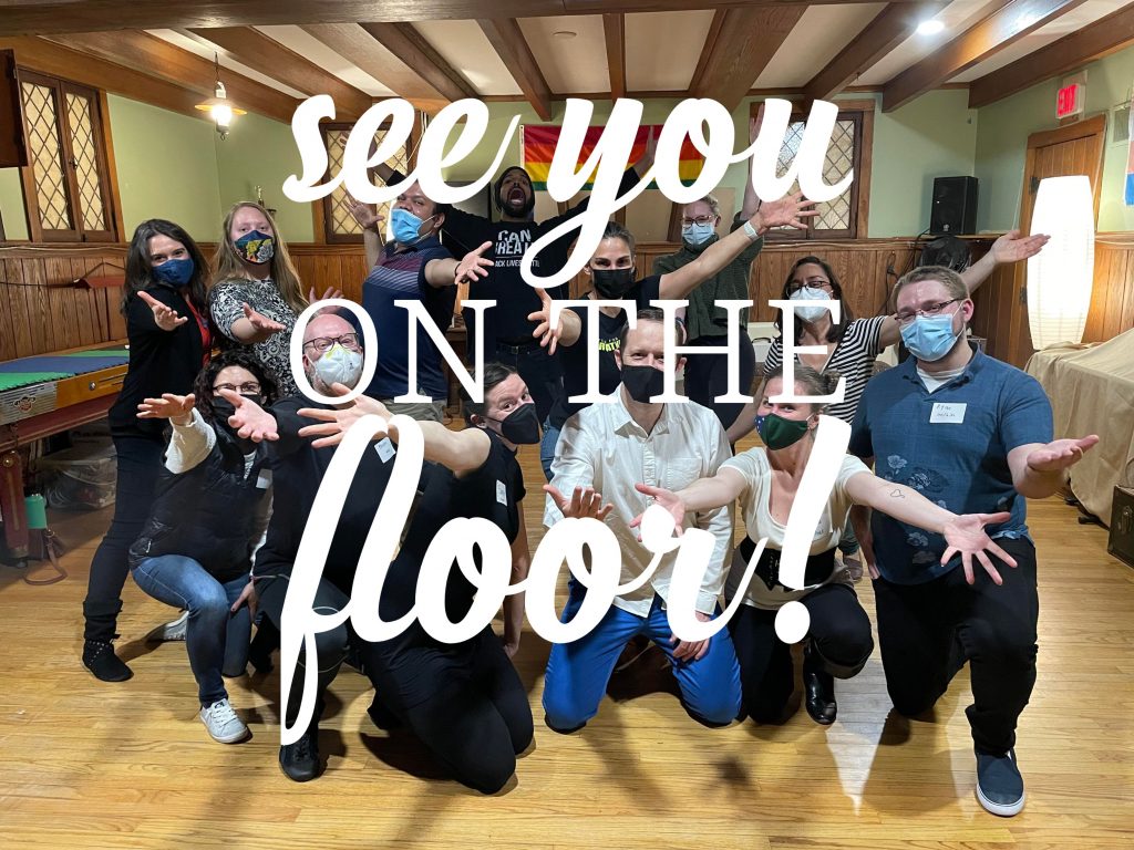 Group photo in the Champlain Club with text "See you on the floor!" overlaid.