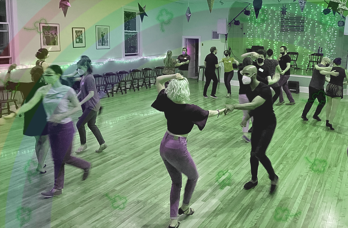 Social dancing image with a rainbow and green overlay