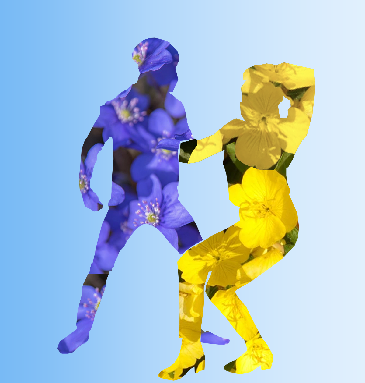 Silhouette of dancers on a blue background. Leader is filled with purple flowers, follow is filled with yellow flowers.