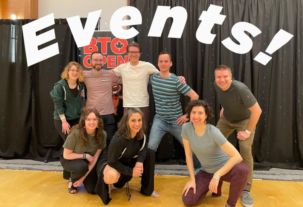 7 people posing in front of the "BTO Open" banner. Text-overlay "Events!"
