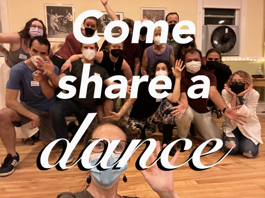 A group of people reaching toward the camera. Text overlay: "Come share a dance"