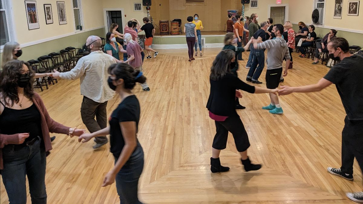 Two lines of couples practicing movements during West Coast Swing class.